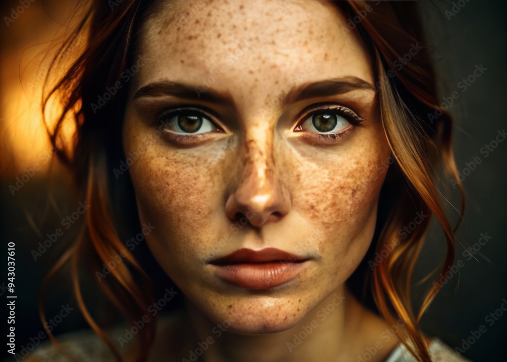 Moodily lit close-up portrait of a woman's face with acne scars, freckles, and rosacea, showcasing her vulnerability, with shallow depth of field, warm golden tones, and soft focus. Moodily lit close-up portrait of a woman's face with acne scars, freckles, and rosacea, showcasing her vulnerability, with shallow depth of field, warm golden tones, and soft focus.