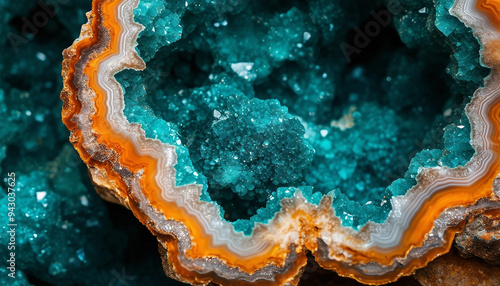 An abstract, top-down view of a geode with layers of vibrant turquoise, teal, and deep orange colors