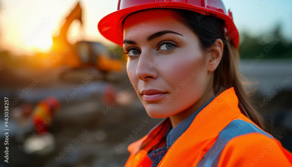 A dramatic, close-up shot of a female construction worker on-site, with a determined expression A dramatic, close-up shot of a female construction worker on-site, with a determined expression
