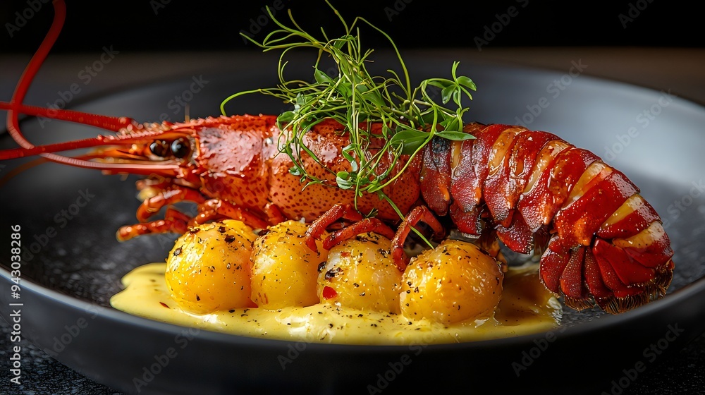 Menu of Lobster guarding its eggs on a black plate with beautiful presentation in restaurant. Generative AI Menu of Lobster guarding its eggs on a black plate with beautiful presentation in restaurant. Generative AI