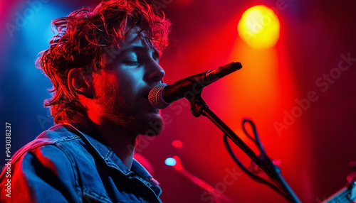 A close-up shot of a male musician passionately singing into a microphone on stage