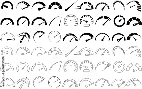 Speedometer icon, gauge symbols, meter illustrations, needle indicator vector collection, dashboard element vehicle graphic, measuring tools, speed display, automotive UI, infographic element