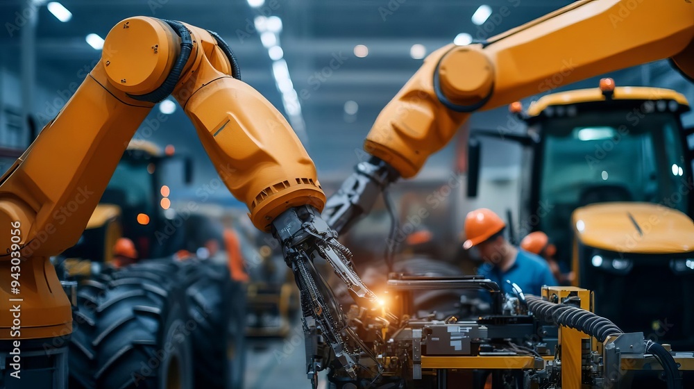 Factory assembly of tractors with workers and robotic arms, industrial farming, machinery production Factory assembly of tractors with workers and robotic arms, industrial farming, machinery production