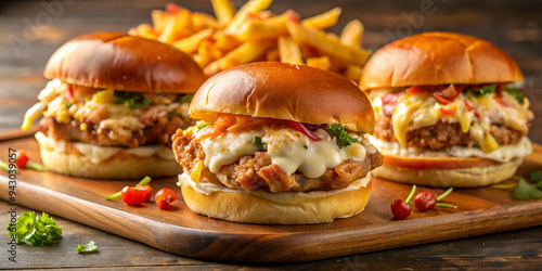 Three sliders with cheese and bacon, pulled pork and a crab cake served on buns, with a side of fries