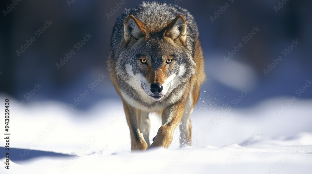 Naklejka premium The gray wolf (Canis lupus) is a powerful and potentially dangerous animal known for its strength and fierce demeanor. --ar 16:9 --v 6.1 Job ID: 58a3f8c2-b5fc-407b-b816-aac88636b1be