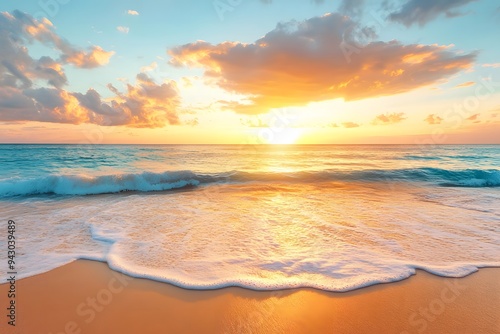 A picturesque coastal landscape at sunset with golden rays of sunlight illuminating the soft waves gently lapping against the sandy shore, the sky painted with hues of orange, pink, and purple, as a