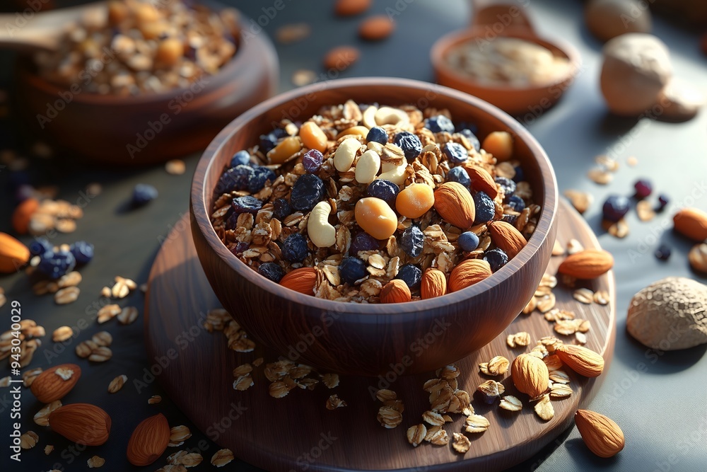Healthy Homemade Granola with Nuts and Dried Fruits in Wooden Bowl Healthy Homemade Granola with Nuts and Dried Fruits in Wooden Bowl