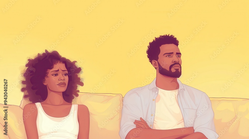 Obraz premium A man and woman are sitting on a couch, with the man looking away and the woman looking at him