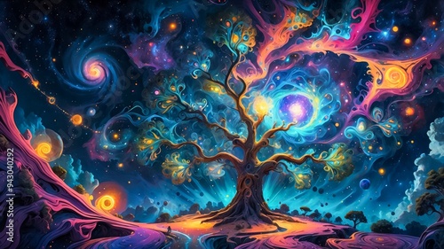 Illustration of The Ancient Cosmic Tree Glowing with Radiant Light. A Majestic Cosmic Network Spanning the Universe, Interconnected by Luminous Nebulae and Energy Threads. Cosmic Energy.