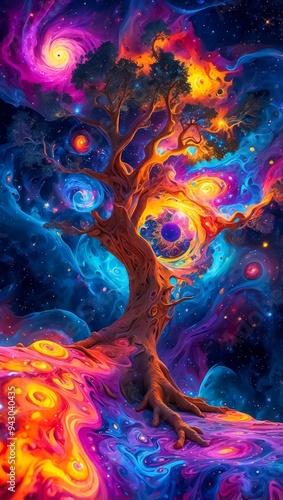 Illustration of The Ancient Cosmic Tree Glowing with Radiant Light. A Majestic Cosmic Network Spanning the Universe, Interconnected by Luminous Nebulae and Energy Threads. Cosmic Energy.