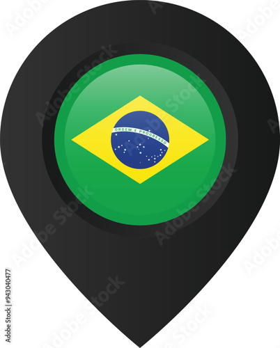 Location marker with the flag of Brazil on it. Black location pin on transparent background