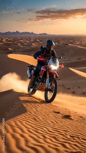 A Rugged Dakar Adventure Bike with a Rider. Vast Desert Rally. Crossbike. Paris Dakar Bike Race. Enduro Tour. Enduro Bike. Crossing the Desert with Motorbike. photo