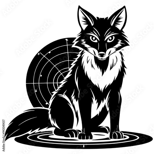 Fox Target:  A bold, black and white illustration of a cunning fox sitting in front of a target, symbolizing  precision, focus, and strategic thinking.  The silhouette evokes  strength, determination,