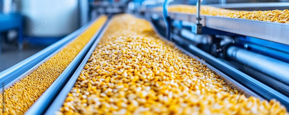 Automated sorting and packaging line for grains in a high-tech processing facility, grain industry, industrial efficiency Automated sorting and packaging line for grains in a high-tech processing facility, grain industry, industrial efficiency