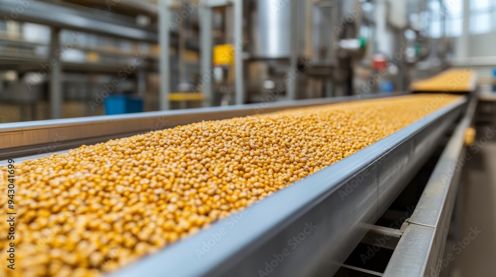Automated sorting and packaging line for grains in a high-tech processing facility, grain industry, industrial efficiency Automated sorting and packaging line for grains in a high-tech processing facility, grain industry, industrial efficiency