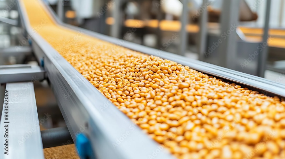 Automated sorting and packaging line for grains in a high-tech processing facility, grain industry, industrial efficiency Automated sorting and packaging line for grains in a high-tech processing facility, grain industry, industrial efficiency