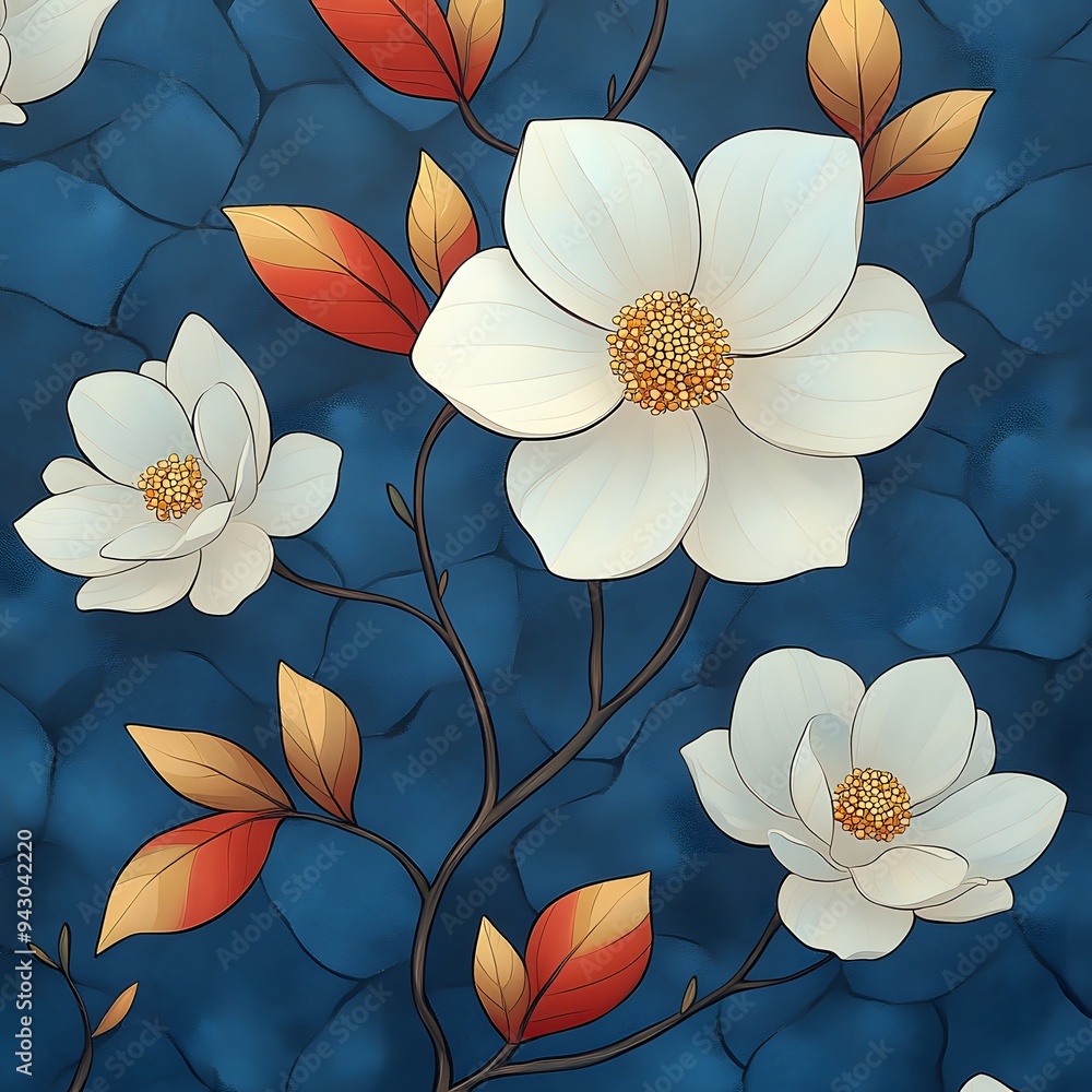 A blue background with white flowers on it. The flowers are white and have yellow centers. The flowers are arranged in a way that they look like they are growing out of the blue background A blue background with white flowers on it. The flowers are white and have yellow centers. The flowers are arranged in a way that they look like they are growing out of the blue background