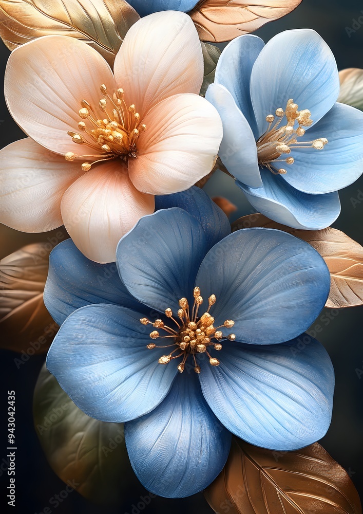 A bouquet of blue and pink flowers with gold accents. The flowers are arranged in a way that creates a sense of harmony and balance. The gold accents add a touch of elegance A bouquet of blue and pink flowers with gold accents. The flowers are arranged in a way that creates a sense of harmony and balance. The gold accents add a touch of elegance