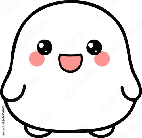 A cute, round, white character with big, sparkling eyes and a wide, happy smile.