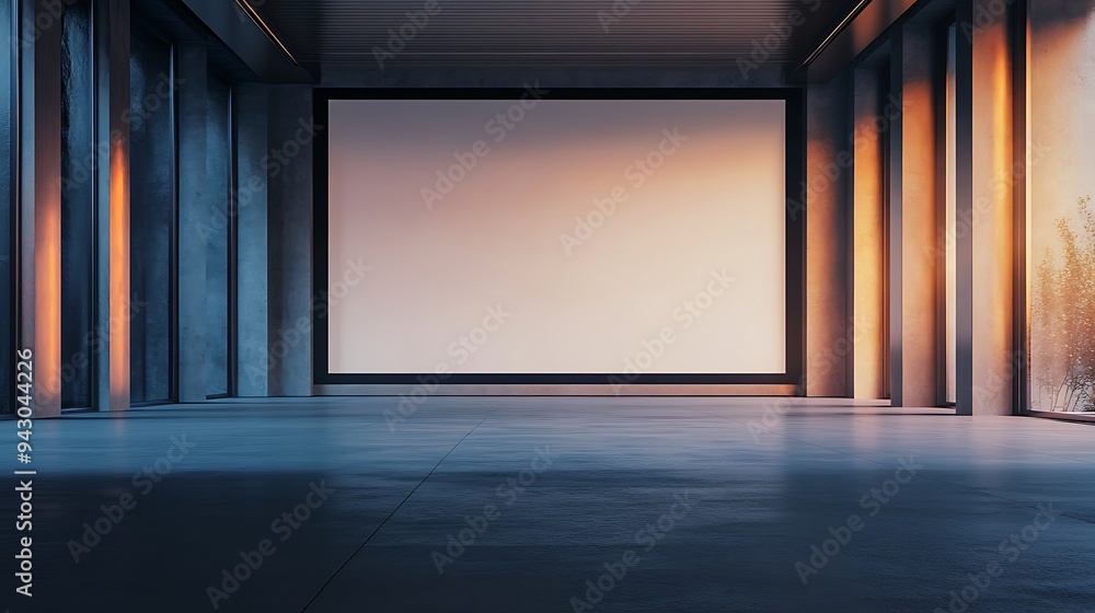 Luxurious Empty Hall with a Large Blank Screen and Subtle Light, Ideal for Showcasing Marketing and Advertising Content Luxurious Empty Hall with a Large Blank Screen and Subtle Light, Ideal for Showcasing Marketing and Advertising Content
