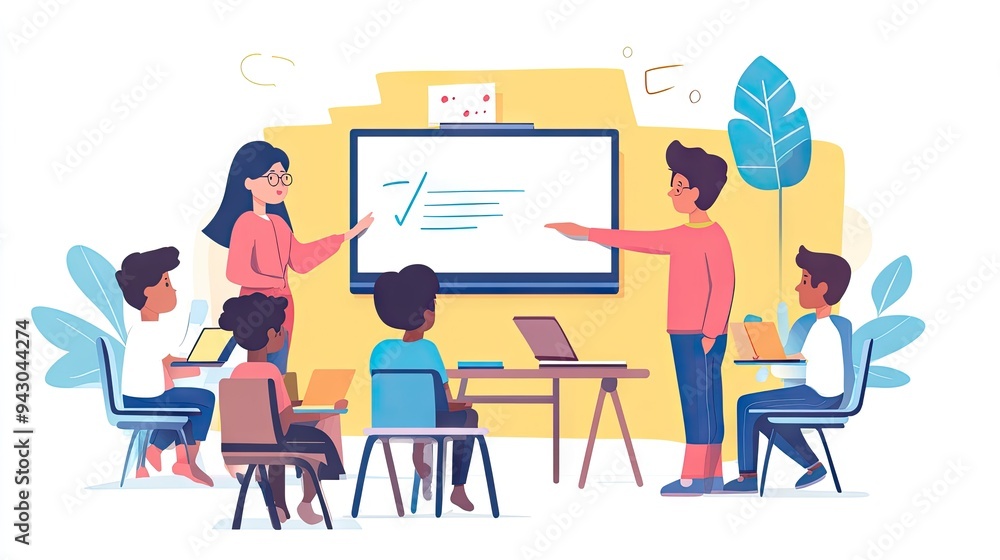 A teacher guiding students in a virtual classroom, with space for text on the smartboard. A teacher guiding students in a virtual classroom, with space for text on the smartboard.