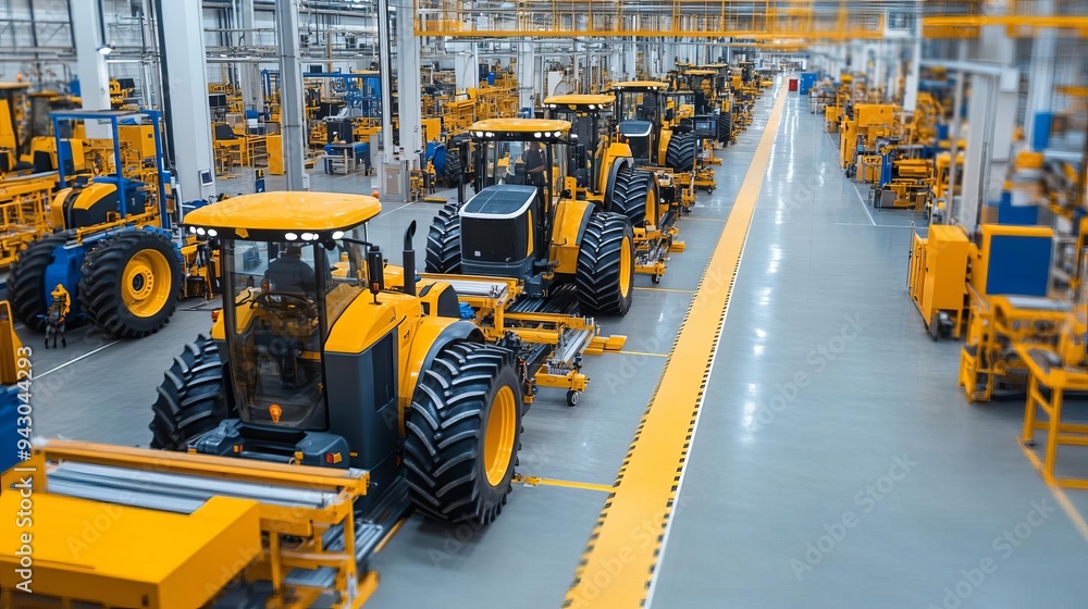 Automated factory assembling smart tractors with advanced technology, modern farming, industrial production Automated factory assembling smart tractors with advanced technology, modern farming, industrial production