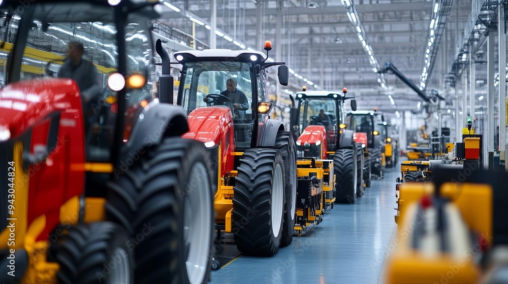 Automated factory assembling smart tractors with advanced technology, modern farming, industrial production Automated factory assembling smart tractors with advanced technology, modern farming, industrial production