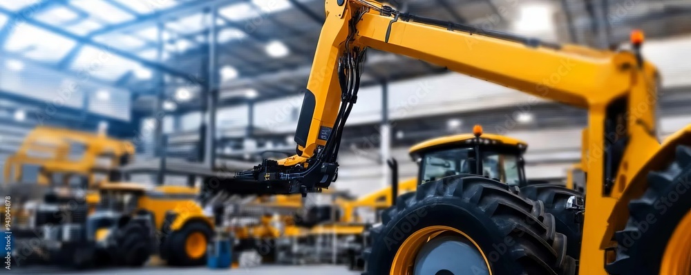 Automated factory assembling smart tractors with advanced technology, modern farming, industrial production Automated factory assembling smart tractors with advanced technology, modern farming, industrial production