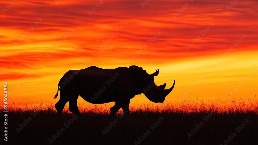 Fototapeta premium Majestic rhinoceros silhouette walking through the savanna at dusk, with the fiery colors of the sunset creating a striking contrast in the wild landscape.