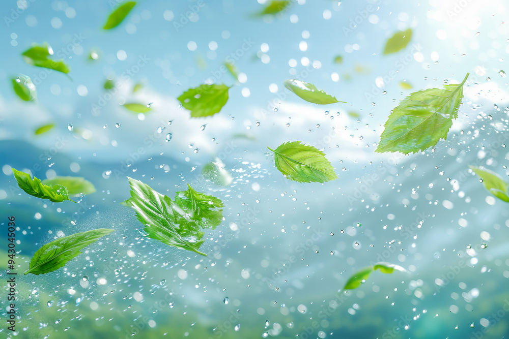 Green leaves falling from the sky with water droplets Green leaves falling from the sky with water droplets
