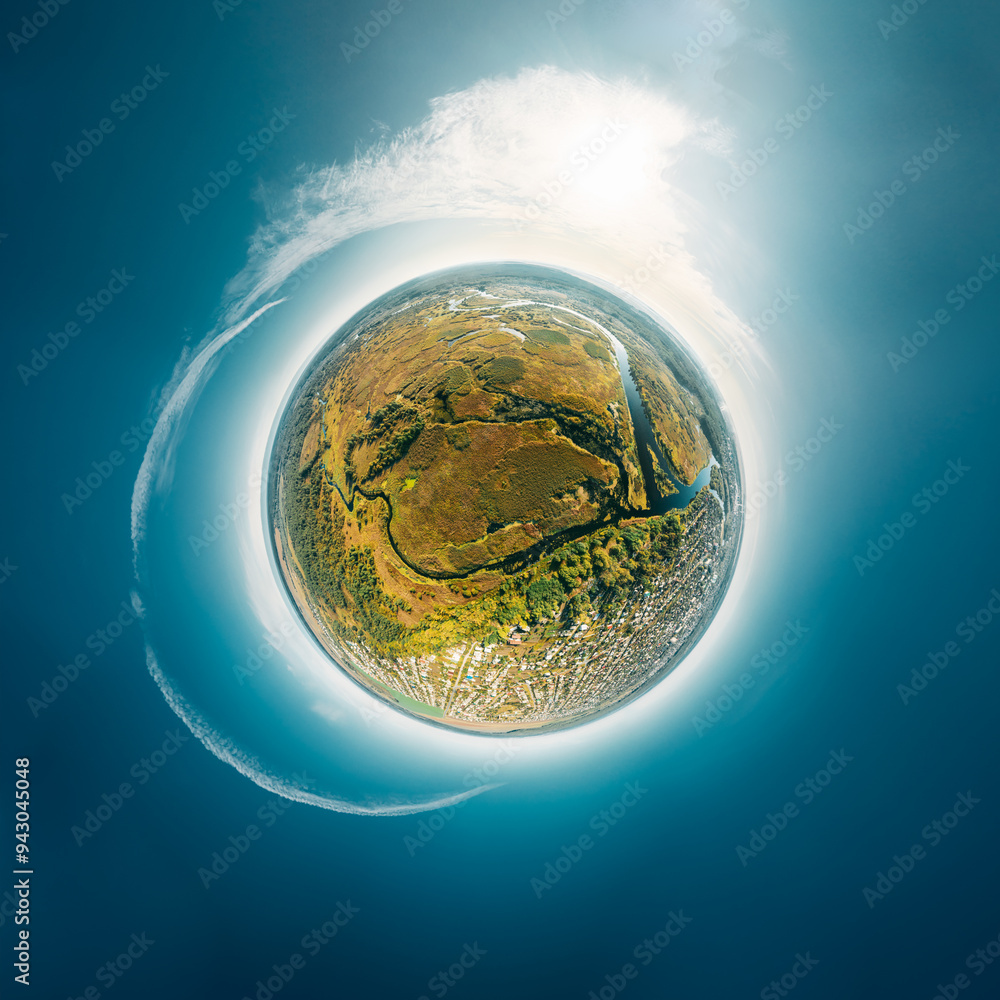 Aerial View Green Forest Woods And River Landscape In Sunny Summer Day. Top View Of Beautiful European Nature From High Attitude. Drone View. Bird's Eye View. Little Small Planet Concept