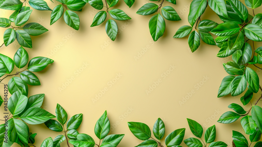 Green leaves branches forming frame on pastel yellow background Green leaves branches forming frame on pastel yellow background