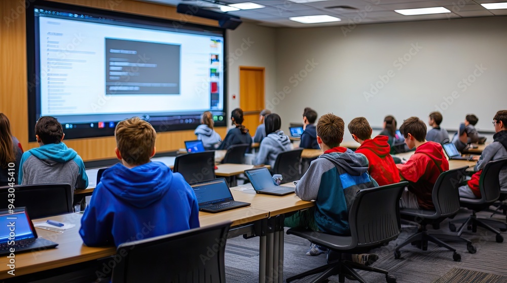 Fototapeta premium Students in a tech-filled classroom, with an empty space on the smartboard for text input.