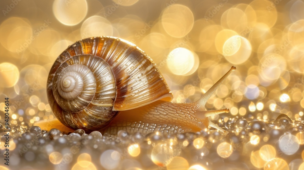 Golden Glamour: A snail adorned in shimmering gold, glides across a bed of pearls, bathed in the warm glow of bokeh lights. This enchanting macro photograph captures the beauty of nature with an artis Golden Glamour: A snail adorned in shimmering gold, glides across a bed of pearls, bathed in the warm glow of bokeh lights. This enchanting macro photograph captures the beauty of nature with an artis