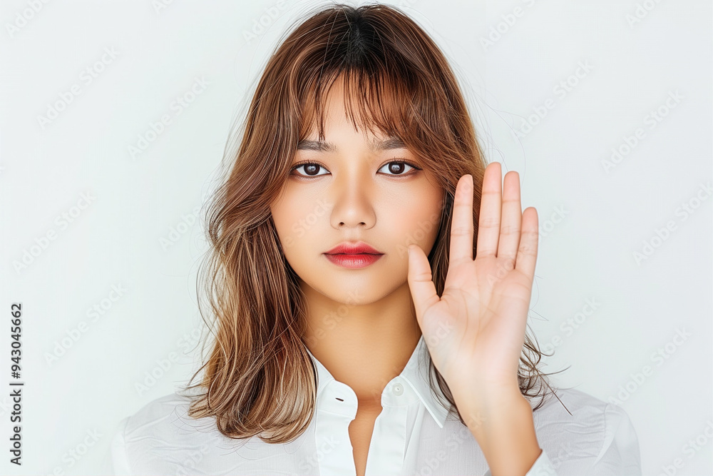 Female portrait showcasing beauty with hand gesture in modern style Female portrait showcasing beauty with hand gesture in modern style
