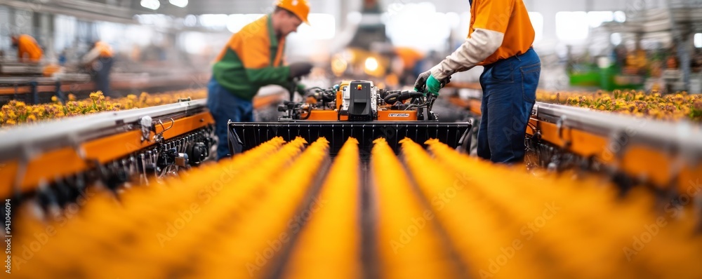 Assembly line workers building automated plows in a modern factory, farm machinery, agricultural technology Assembly line workers building automated plows in a modern factory, farm machinery, agricultural technology