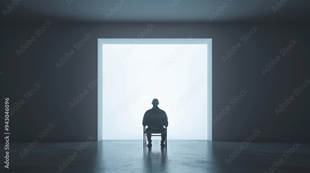 Obraz premium A man sits in a chair in front of a doorway. The room is dark and empty, with only the man and the chair visible. Scene is somber and lonely