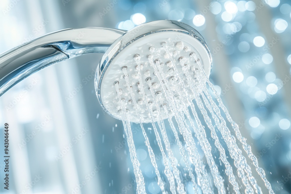 Refreshing showerhead with running water light bokeh background