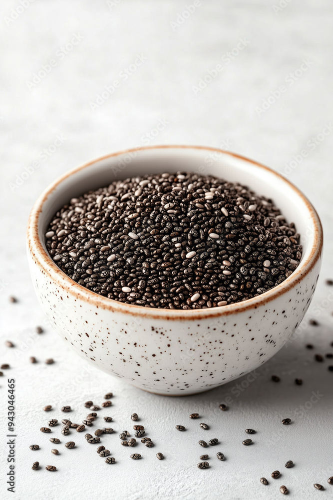 Bowl of Black Chia Seeds on Light Background Bowl of Black Chia Seeds on Light Background