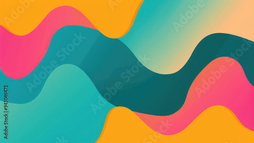 Colorful background with wavy shapes and gradient of yellow, orange, teal, pink, and green