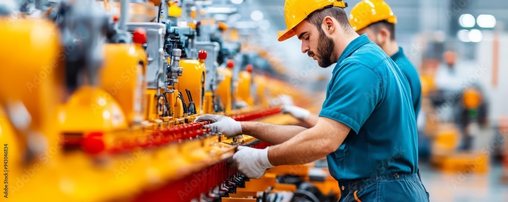 Assembly line workers building automated plows in a modern factory, farm machinery, agricultural technology Assembly line workers building automated plows in a modern factory, farm machinery, agricultural technology