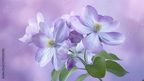 Wallpaper Mural Soft Lilac Blooms: Delicate and ethereal, a trio of soft lilac apple blossoms with delicate green leaves, bathed in a dreamy purple light,  evokes a sense of peace and tranquility.   Torontodigital.ca