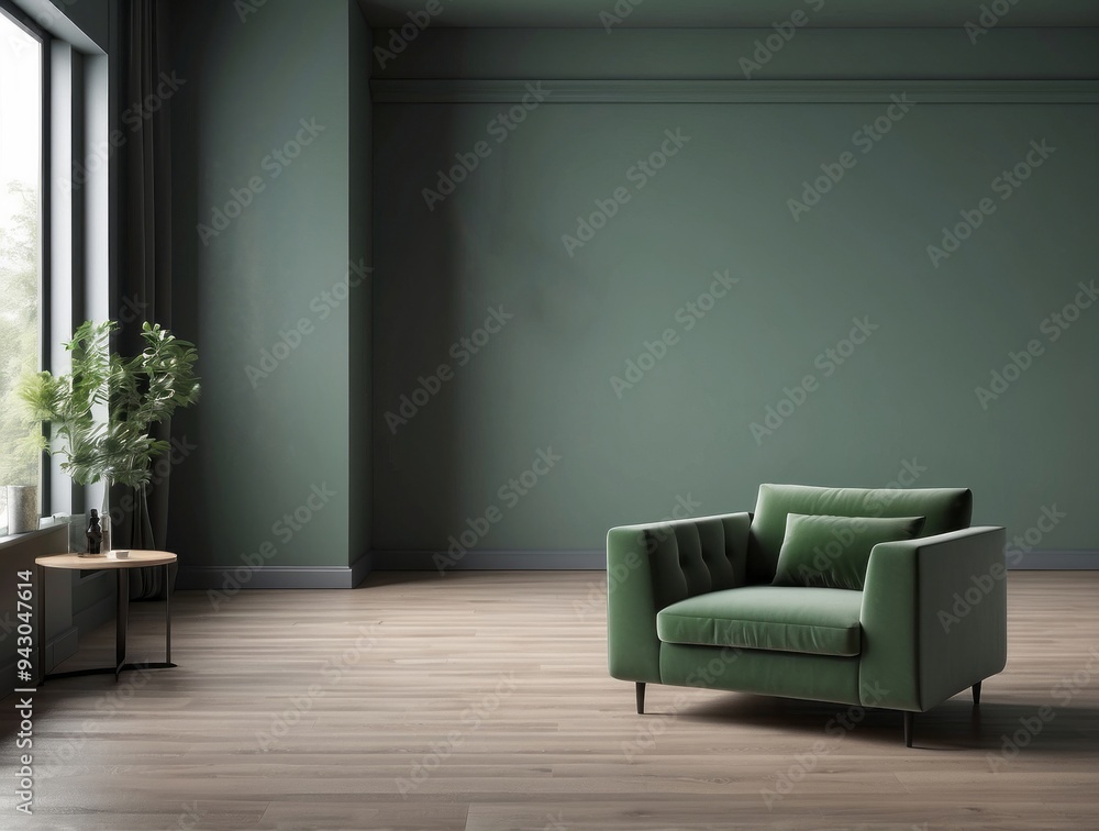 Fototapeta premium Green Armchair in a Minimalist Green Room with Wooden Floor