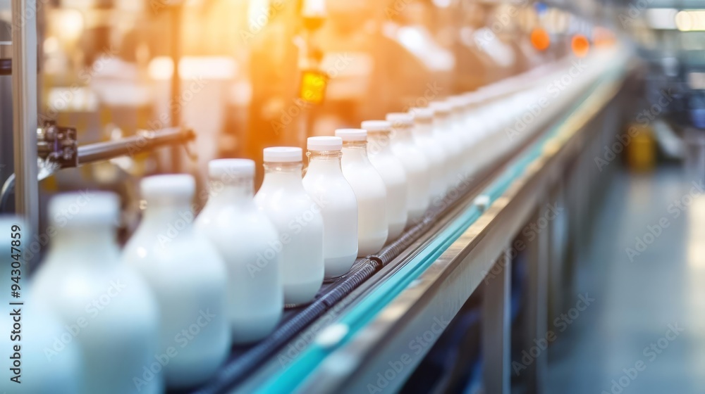 Assembly line in a modern dairy processing facility, food production, automated systems Assembly line in a modern dairy processing facility, food production, automated systems
