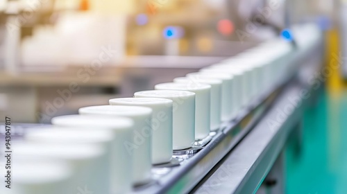 Assembly line in a modern dairy processing facility, food production, automated systems