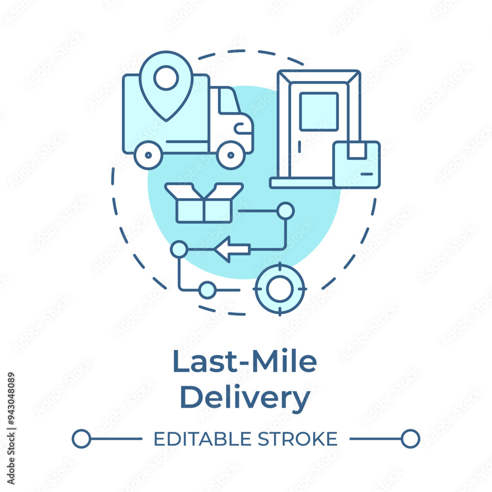Last-mile delivery soft blue concept icon. Industrial real estate trend. Logistics and delivery service. Round shape line illustration. Abstract idea. Graphic design. Easy to use in article Last-mile delivery soft blue concept icon. Industrial real estate trend. Logistics and delivery service. Round shape line illustration. Abstract idea. Graphic design. Easy to use in article