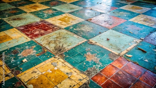 "A photo image of a worn linoleum floor with scratches and scuffs, faded once-vibrant colors, and a faint outline of a lost mat"