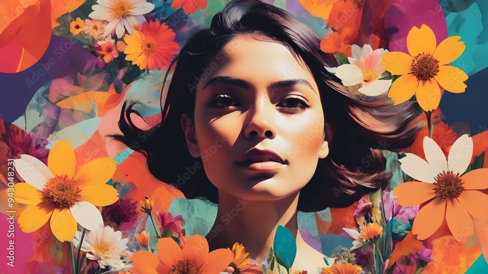 A contemporary collage featuring a woman on a vibrant background of flowers and colors A contemporary collage featuring a woman on a vibrant background of flowers and colors