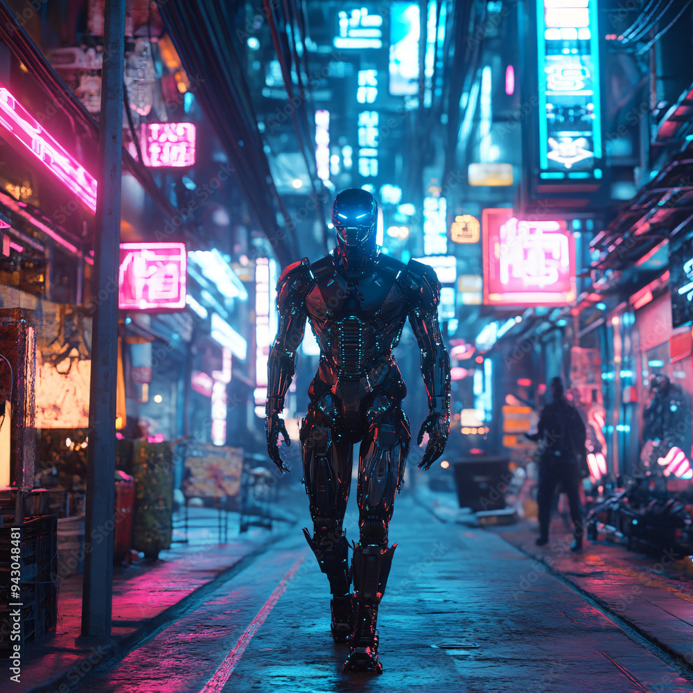 A humanoid robot walking through a neon-lit cyberpunk street. A humanoid robot walking through a neon-lit cyberpunk street.