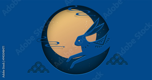 Mid-Autumn Festival vector illustration, full moon and jade rabbit